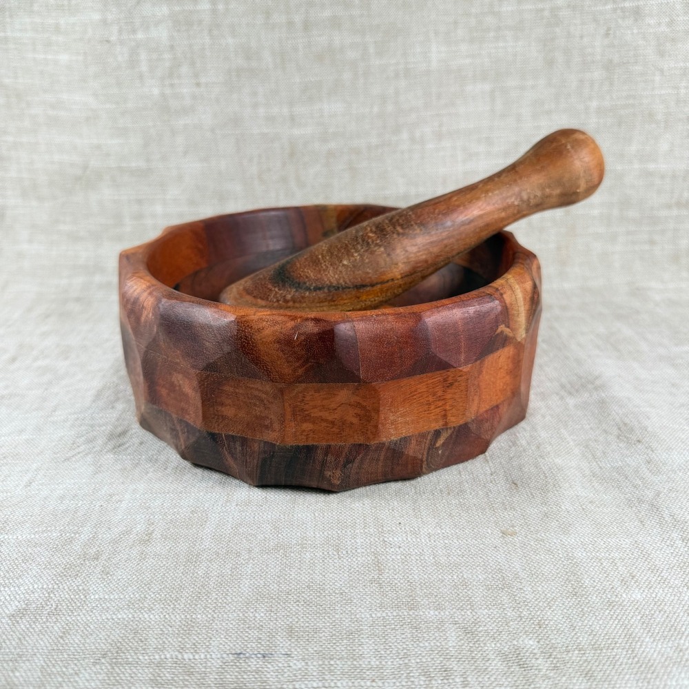 Vintage Carved Wood Mortar and Pestle Bowl Rustic Kitchen Decor